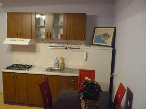 uma cozinha com uma mesa, um lavatório e um frigorífico em Apartment Astra em Rijeka