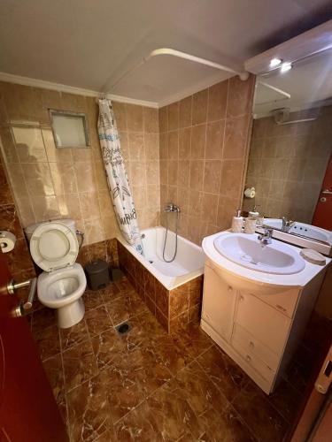 a bathroom with a toilet and a tub and a sink at All Seasons Apartments in Alexandroupoli