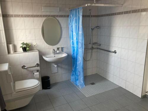 a bathroom with a toilet and a sink and a shower at 12 - Gästehaus Erika - Hundwil - Appenzellerland in Hundwil
