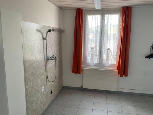 a bathroom with a shower stall and a window at 12 - Gästehaus Erika - Hundwil - Appenzellerland in Hundwil