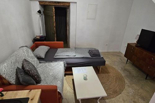 a living room with a couch and a bed at Studio "Werkstatt" in Oberndorf in Oberndorf am Neckar