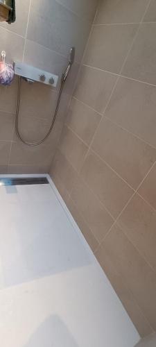 La salle de bains est pourvue d'une douche avec un tuyau sur le mur. dans l'établissement nirvana, à Fleurieux-sur-lʼArbresle