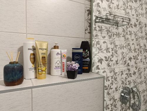 a shelf with products on it in a bathroom at Stan na dan - apartman Istočno Sarajevo - Lukavica in Vranješ