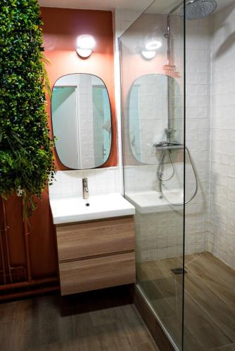 une salle de bain avec un lavabo et une douche avec un miroir dans l'établissement Appartement disneyland, à Montévrain