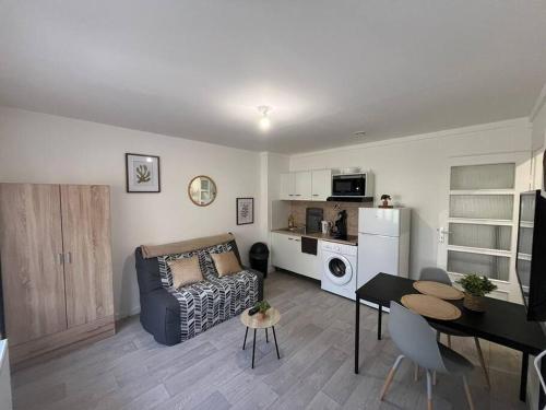 un salon avec un canapé et une table dans l'établissement Gite le little cottage 18m2 2 personnes, à Villeneuve d'Ascq