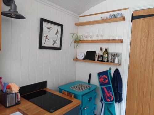 a kitchen with a blue stove in a room at The Holcombe Hut, Ridgefield House in Longdown