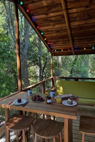 une table et des chaises en bois sur une terrasse avec pergola dans l'établissement Cabane en bois pour 5 personnes avec espace extérieur privatif et climatisation, à Clermont-lʼHérault