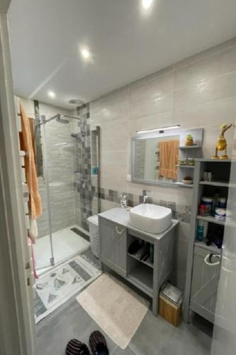 une salle de bain avec douche et lavabo dans l'établissement Maison à la Tranche sur Mer, à La Tranche-sur-Mer