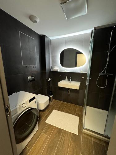 Un baño con lavabo y lavadora. en Eurovea tower 31 Floor Sky apartment, en Ovsište