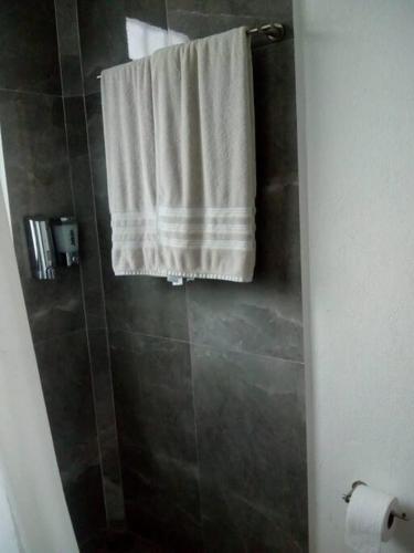 a bathroom with a shower with a white towel at Cabaña Amealco Pino in Amealco