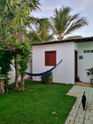 a black cat walking in front of a white house at Recanto do Luar in São Miguel do Gostoso