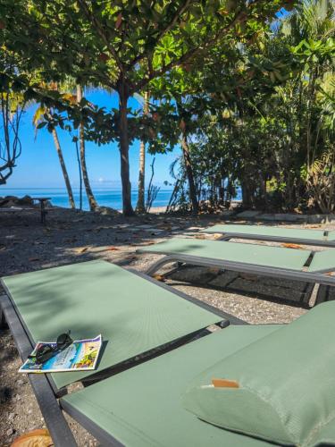 a group of picnic tables on the beach at Ti Kay Paradi T3 - Les pieds dans l'eau in Saint-Pierre