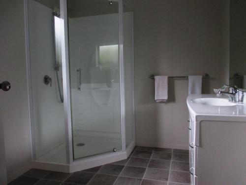 a bathroom with a shower and a sink at Tarawera River Lodge Motel in Kawerau