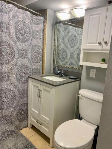 a bathroom with a white toilet and a sink at Cozy Bungalow in Winter Haven