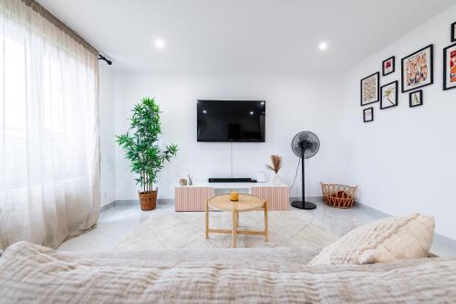 un salon avec un lit et une télévision sur un mur dans l'établissement Lovely appartement proche Disney, à Vaires-sur-Marne