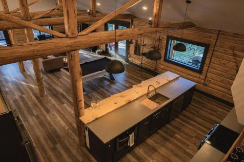 an overhead view of a kitchen in a house at Cabin on 15 acres with Mtn view, firepit, Starlink in Whitefish