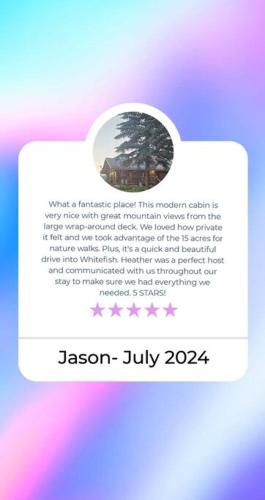 a white tag with a picture of a tree at Cabin on 15 acres with Mtn view, firepit, Starlink in Whitefish