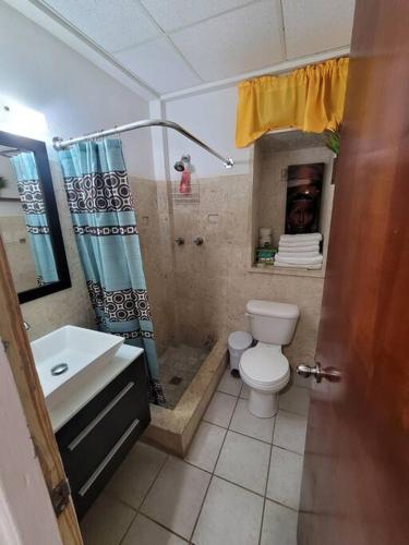 ein Badezimmer mit Toilette, Waschbecken und Dusche in der Unterkunft Cocomar in San Juan