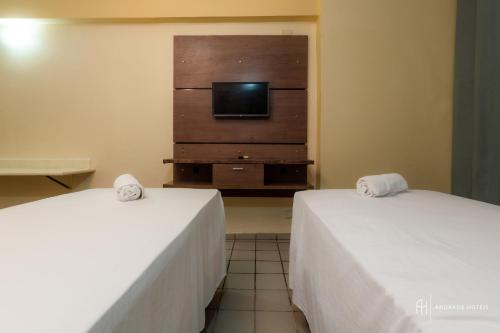 two beds in a room with a flat screen tv at Rede Andrade Plaza Recife in Recife