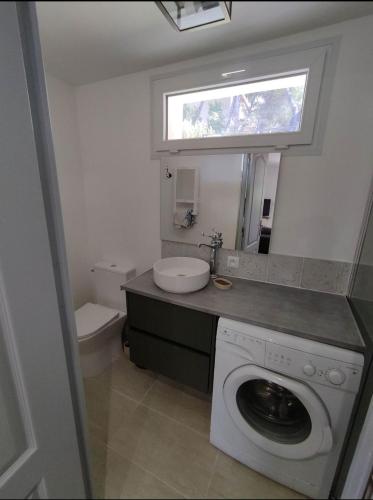 a bathroom with a washing machine and a sink at Studio Qu'importe, Jardin, Jacuzzi, Massage in Bandol