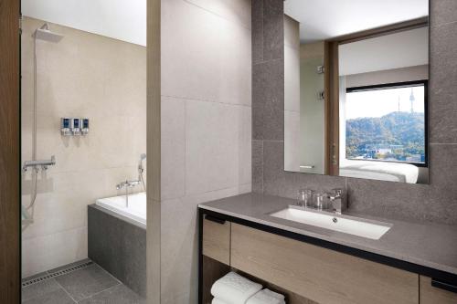 首尔Four Points by Sheraton Josun, Seoul Myeongdong的带水槽、浴缸和镜子的浴室