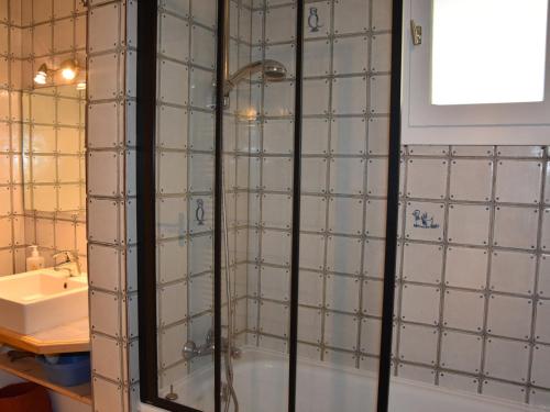La salle de bains est pourvue d'une douche avec des blocs de verre. dans l'établissement Beau T3 rénové, terrasse sud, près commerces & téléphérique - FR-1-464-238, à Pralognan-la-Vanoise