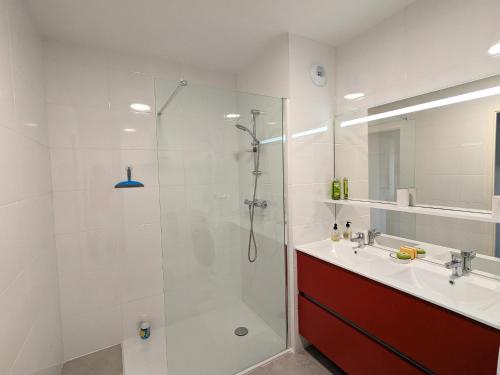 une salle de bain avec douche et lavabo dans l'établissement T3 neuf à Arcachon : terrasse, parking et wifi - FR-1-420-153, à Arcachon