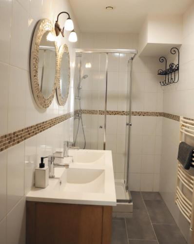 une salle de bain avec un lavabo et une douche dans l'établissement Les Gîtes du Monde , Appartements 2 chambres- 4 lits simples modulables en lits doubles, au Havre