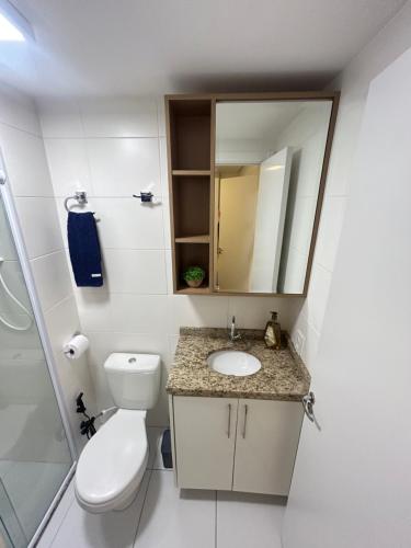 une salle de bain avec toilettes, lavabo et miroir dans l'établissement #2 Apto Top próx Metrô-Allianz Parque-Pró Magno, à São Paulo