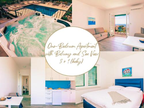 un collage de fotos con un dormitorio y una piscina en Apartments Villa Lukas - ''No 5'' One-Bedroom Apartment with Balcony and Sea View, en Cavtat