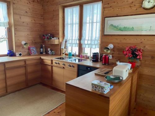 a kitchen with wooden walls and a counter with a sink at Chalet de La Tour Mayens de Sion 4 Vallées in Agettes