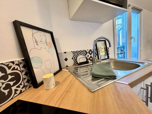 un comptoir de cuisine avec un évier et un tableau sur celui-ci dans l'établissement Charmant Studio Montmartre dernier étage calme, à Paris