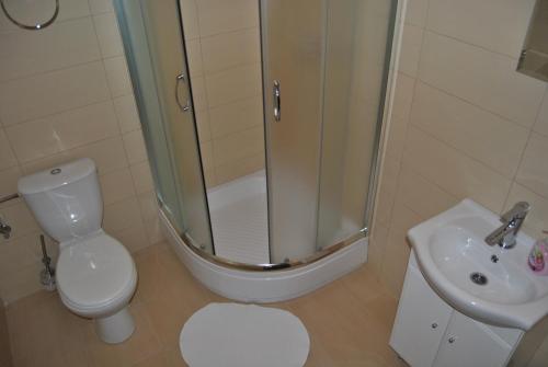 a bathroom with a shower and a toilet and a sink at Hotel Gościniec in Włocławek