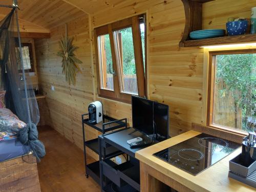 a room with a desk with a computer in a log cabin at Gypsy terramare in Valledoria