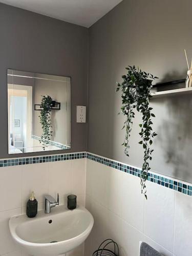 a bathroom with a sink and a mirror at Cosy 2 Bed Service Apartment Netflix Hideaway Family Couples Staycation Tredegar Park Celtic Manor ICC Wales in Lower Clapton