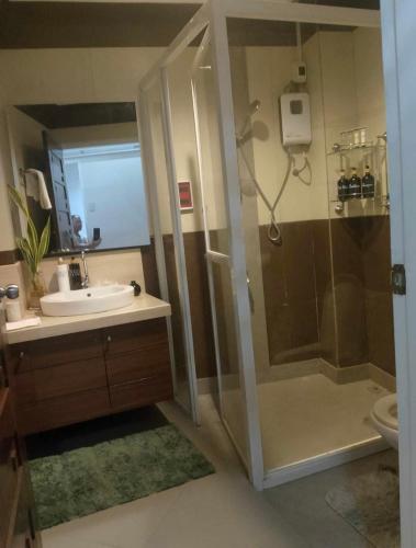 a bathroom with a shower and a sink and a toilet at AGC Penthouse - Ground Floor Apartment in Zamboanga