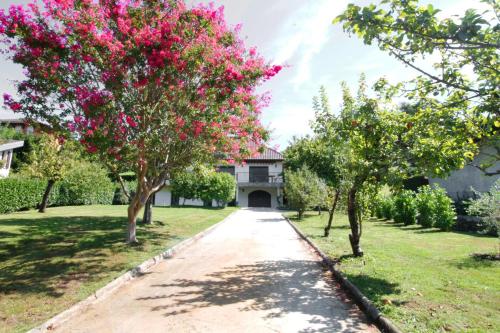 une allée en face d'une maison avec des fleurs roses dans l'établissement Comfortable villa with a view of Lake Bourget, à Viviers-du-Lac