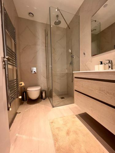 a bathroom with a shower and a toilet and a sink at Nicosia 360 Luxury Living A in Nicosia