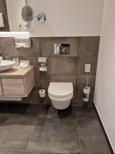 a bathroom with a toilet and a sink at Ferienappartment Marianne in Schliersee