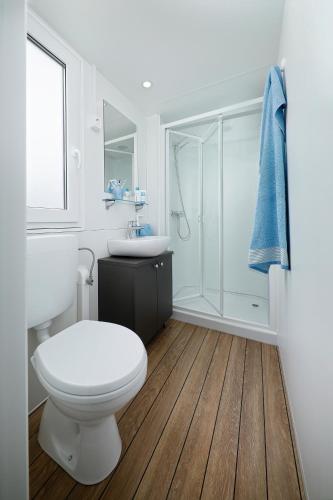 a white bathroom with a toilet and a shower at Albatross Mobile Homes on Camping Park Umag in Karigador