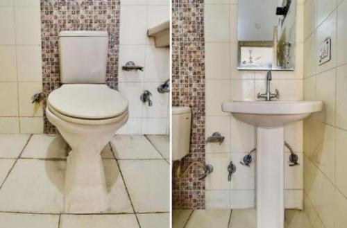 two pictures of a bathroom with a toilet and a sink at Hotel CROWN PLAZA SK in Rudrapur
