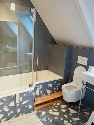une salle de bain avec toilettes et lavabo dans l'établissement Villa Harpailles Golf forêt, à Le Touquet-Paris-Plage