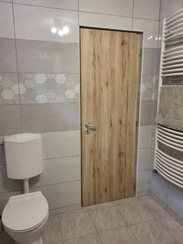 a bathroom with a toilet and a wooden door at GABE Vendègház in Gyöngyöstarján