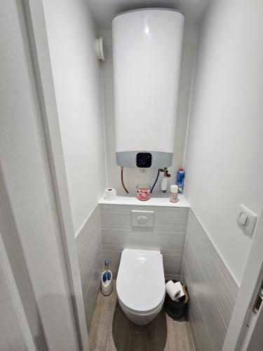Elle comprend une petite salle de bains pourvue de toilettes blanches. dans l'établissement Appartement entièrement rénové - Vars les Claux, à Vars