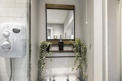 a bathroom with a sink and a mirror at Bountrees Apartment in Jedburgh