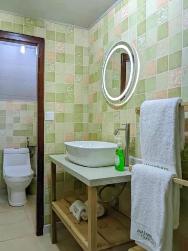 a bathroom with a sink and a toilet and a mirror at Longoza Ecolodge in Andasibe