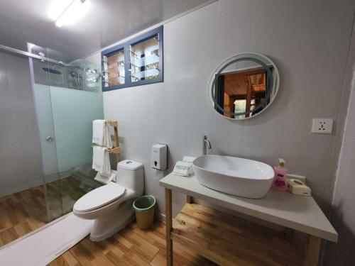a bathroom with a sink and a toilet and a mirror at Longoza Ecolodge in Andasibe