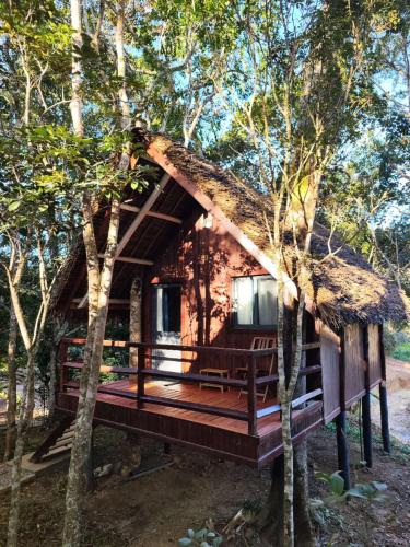 a cabin in the woods with a thatched roof at Longoza Ecolodge in Andasibe