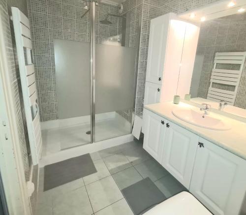 une salle de bain blanche avec une douche et un lavabo dans l'établissement Appartement familial proche de Paris, au Bourget