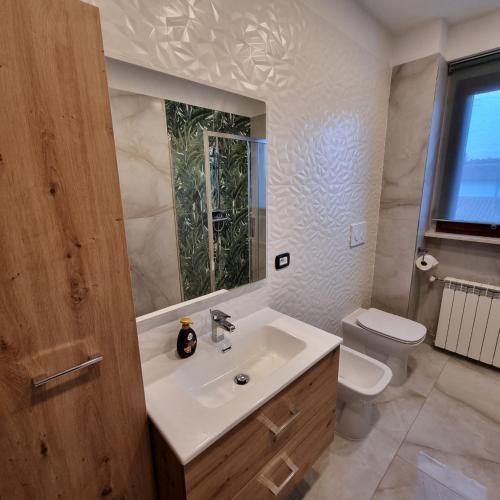 a bathroom with a sink and a toilet and a mirror at Appartamento Sanzio, centro Monfalcone in Monfalcone